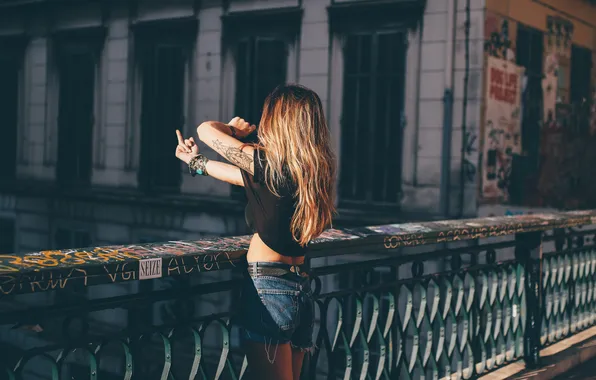 Girl, bridge, sign, hair, figure
