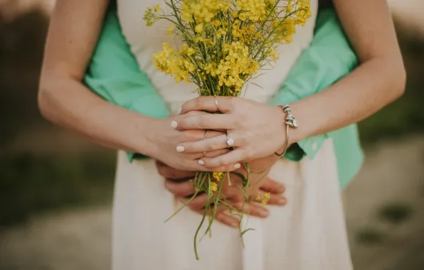 Flowers, bouquet, yellow, hands, ring