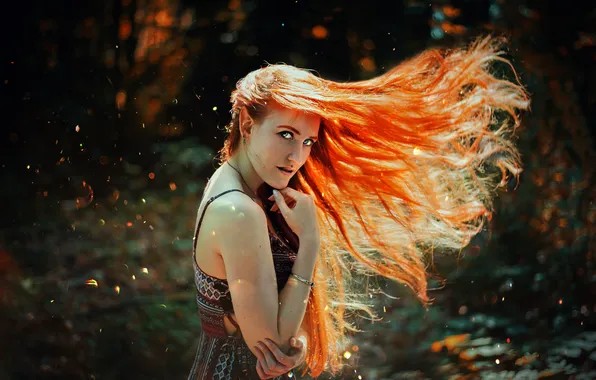 Forest, look, girl, light, nature, pose, the wind, portrait