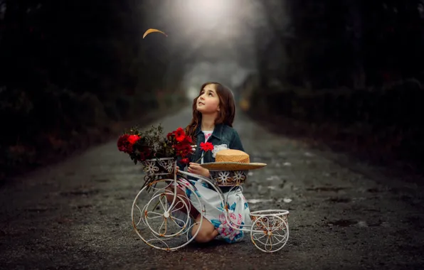 Road, flowers, bike, child, girl, girl, road, bike