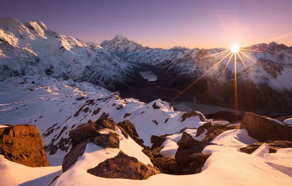Picture ice, the sun, snow, mountains, lake, dawn, New Zealand