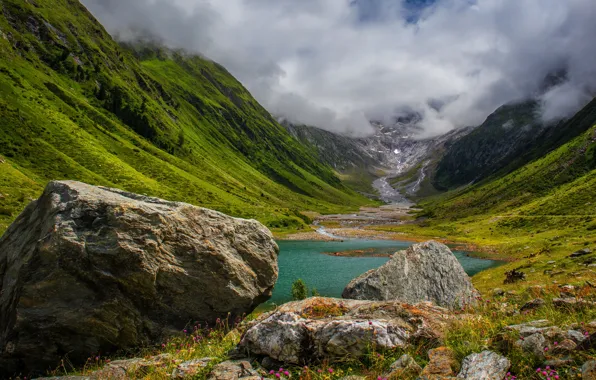 Greens, summer, clouds, mountains, fog, river, stones, the slopes
