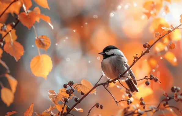 Autumn, leaves, light, berries, bird, branch, fruit, bokeh