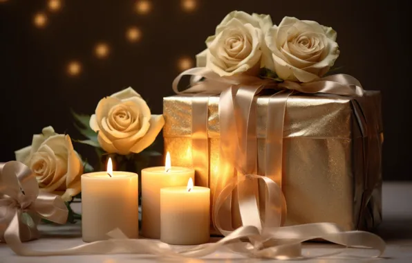Flowers, holiday, gift, roses, candle, bouquet, candles, bow