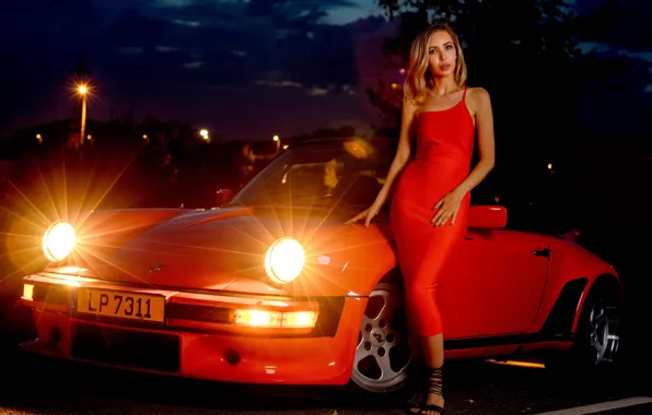 Machine, auto, girl, pose, style, Porsche, figure, red dress