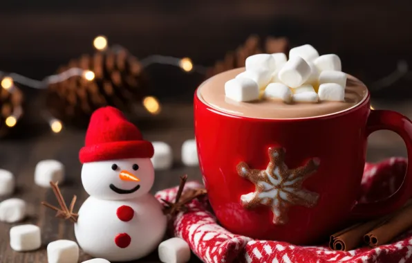 Lights, table, Board, Christmas, mug, Cup, New year, snowman