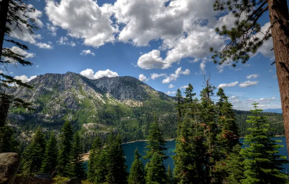 Picture the sky, clouds, trees, mountains, lake, Nature, sky, trees