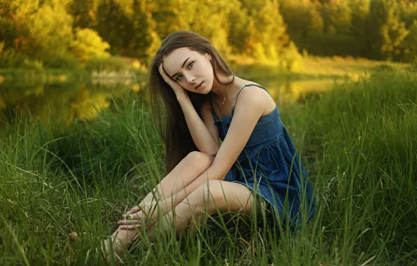 Grass, dress, trees, nature, model, women, brunette, sitting