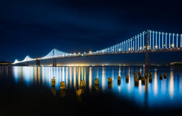 Night, lights, CA, San Francisco, Bay Bridge, suspension bridge from San Francisco to Auckland