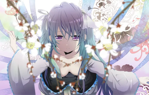 Branches, petals, vocaloid, hatsune miku, long hair, looking at the viewer