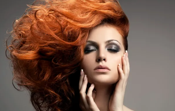 Picture girl, portrait, hands, makeup, red hair, long hair, closed eyes