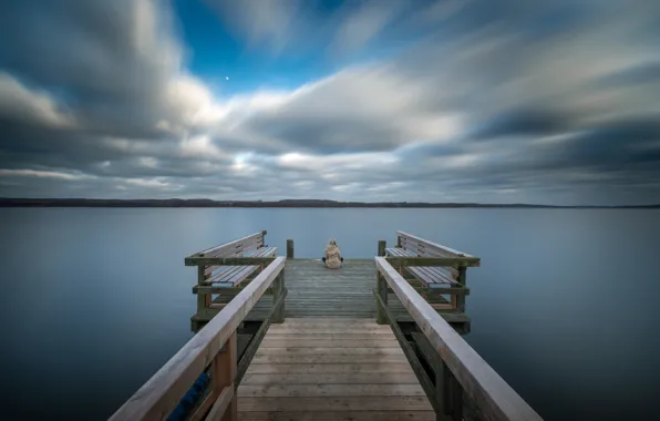 Picture sea, the sky, girl, clouds, thoughts, pier