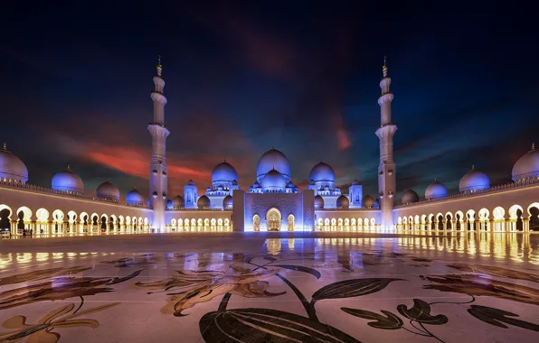 Picture night, the city, the evening, backlight, tower, mosque, architecture, UAE