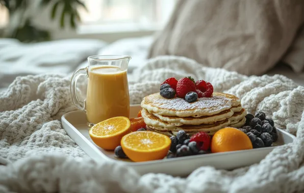 Berries, oranges, juice, tray, pancakes, pancake, AI art, neural network