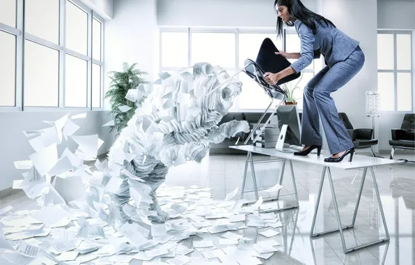 Girl, rendering, attack, fatigue, the situation, chair, office, paper