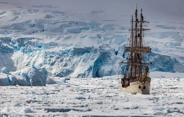 Picture ship, sailboat, ice, Antarctica