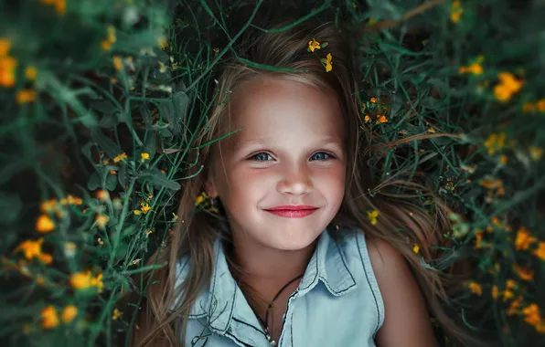 Grass, flowers, smile, positive, cutie, little girl, female portrait, Lera Of Vasiljeva