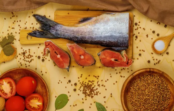 Fish, pieces, bowl, red, vegetables, tomatoes, spices, salt