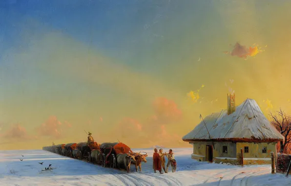 Picture, 1857, Ivan Aivazovsky, Pahar, Winter carts in the Ukrainian Steppe