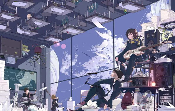 Picture the sky, clouds, birds, table, books, guitar, group, anime