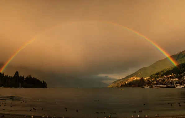 Rainbow, nature, clouds, lake