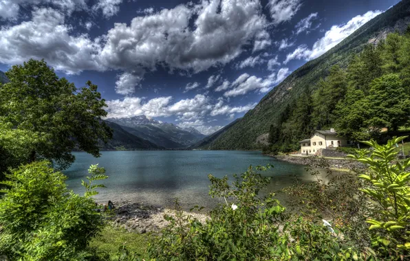 Clouds, trees, mountains, lake, house, stones, shore, HDR