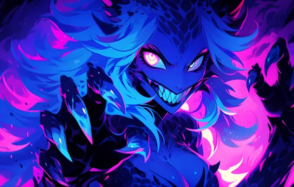 Colorful, long hair, creepy, claws, teeth, looking at viewer, monster girl, cat girl