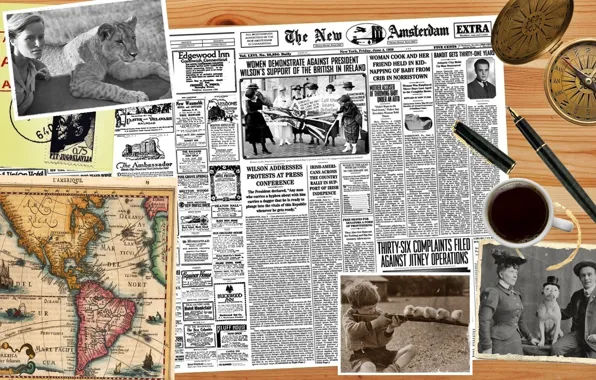 Desktop, old, map, compass, tablet, pics, newspaper