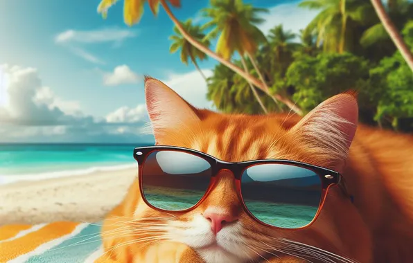 Sand, sea, cat, beach, summer, the sky, cat, look