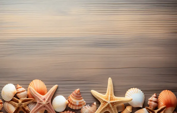 Board, shell, shell, starfish, composition, AI art, neural network