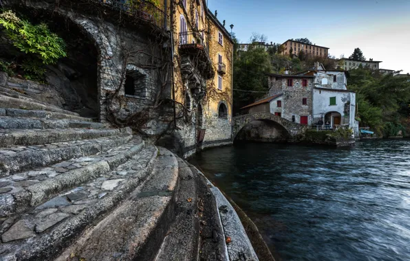 Trees, bridge, lake, shore, home, Italy, ladder, stage