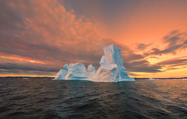Ice, sea, the sky, water, clouds, light, sunset, ice
