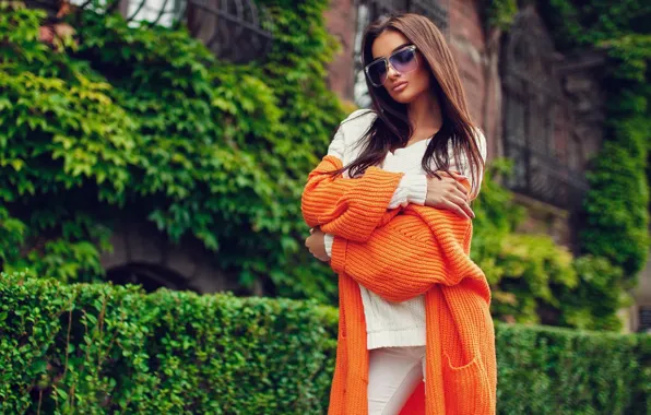 Greens, brunette, glasses, the bushes, model, sweater, Krystian Tokar