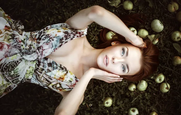 Grass, look, pose, model, apples, portrait, hands, makeup