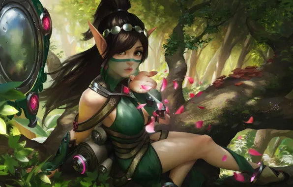 Picture forest, the game, petals, art, elf, scrolls, Flirty, Paladins Strike Ying