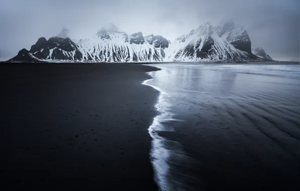 Winter, sea, beach, snow, mountains, nature, Iceland