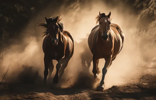 Road, light, nature, horse, horse, dust, running, the herd