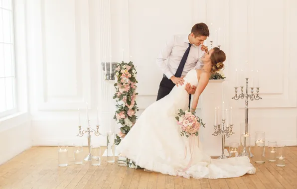 Girl, love, joy, flowers, smile, bouquet, candles, dress