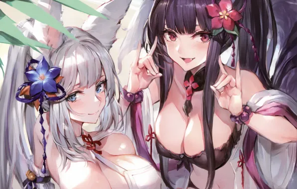Wallpaper sexy, cleavage, long hair, girls, boobs, animal ears, anime, blue eyes