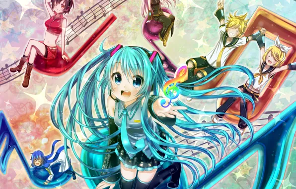 Picture joy, smile, notes, girls, art, microphone, guys, vocaloid
