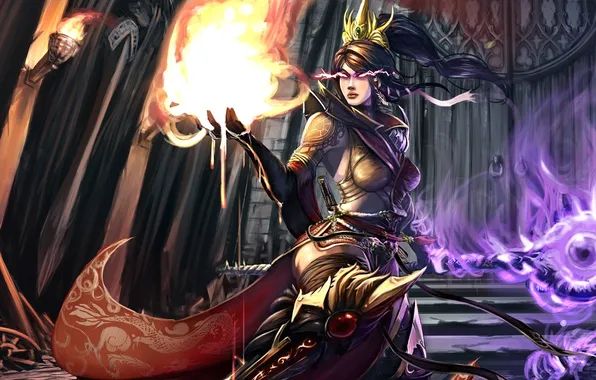 Girl, fire, magic, zipper, crown, art, MAG, staff