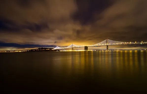 Picture night, bridge, lights, CA, Bay, San Francisco, USA, California