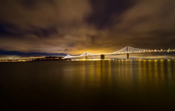 Night, bridge, lights, CA, Bay, San Francisco, USA, California