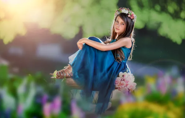 Look, flowers, dress, girl, wreath, bokeh