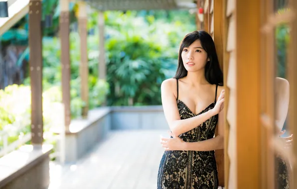Girl, Asian, bokeh, dress