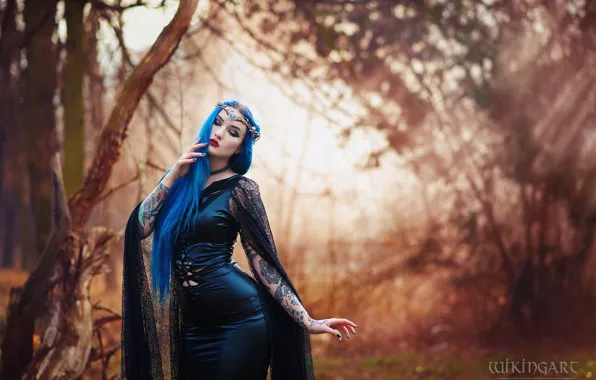 Forest, girl, nature, pose, style, makeup, costume, bending