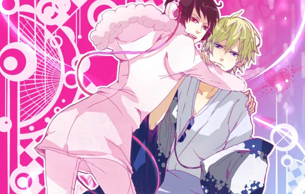 Headphones, art, hugs, Durarara, Durarara, Of Izaya Orihara, Heiwajima Shizuo