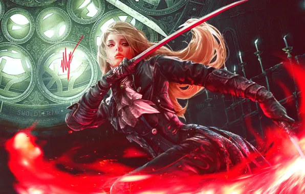 Picture look, girl, pose, weapons, candles, fantasy, art, blonde