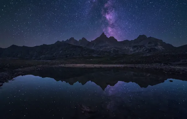 Stars, mountains, night, lake, reflection, rocks, shore, tops