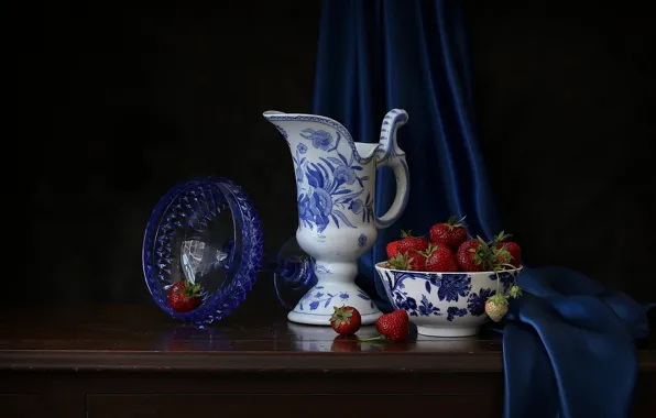 Berries, table, strawberry, fabric, pitcher, still life, bowl, ramekin